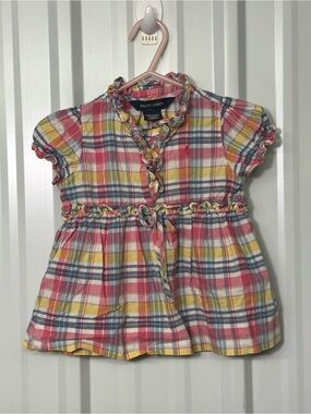 Ralph Lauren Baby Girl Blue Pink Plaid Ruffle Trim Dress Preppy Cottagecore